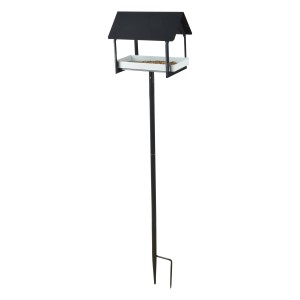 Anthrazit-weißes Futterhaus auf Ständer mit Erdspieß für den Garten. Vogelhaus mit Dach zum Schutz des Futters.