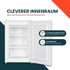 Geöffneter, weißer homeX Gefrierschrank mit 3 Schubladen. Kompakter Tiefkühlschrank für Elektrogeräte.