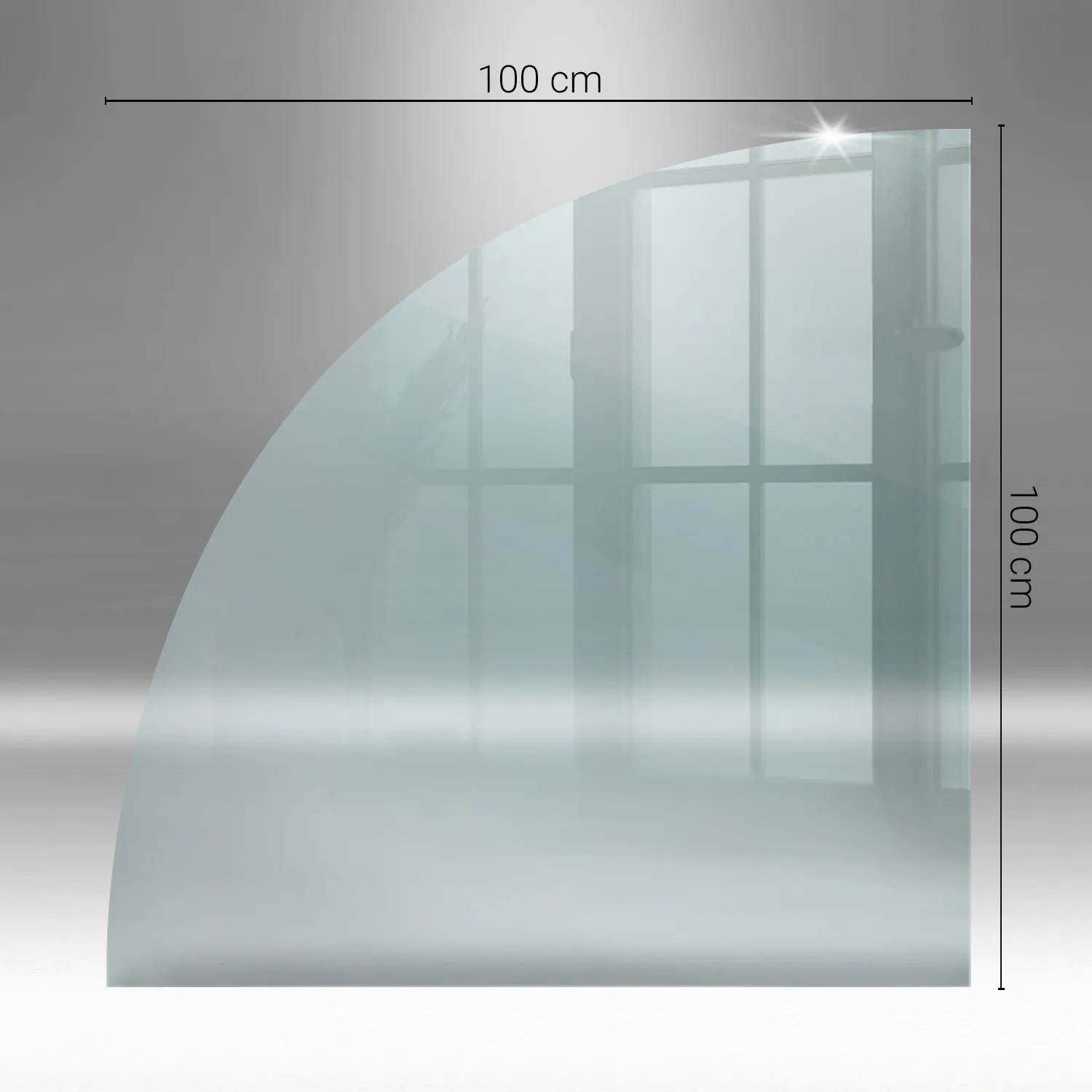 Transparente Glasbodenplatte Viertelkreis 100x100 cm für Kamin & Ofen. Aus gehärtetem Glas.