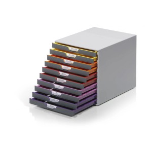 Durable Schubladenbox A4 Varicolor mit 10 Fächern in Gelb, Orange, Rot und Lila zur Büro-Organisation.
