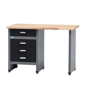 Küpper Werkbank mit 4 Schubladen, Sitzraum, Arbeitsplatte aus Buchenholz, schwarz-hellgrau.