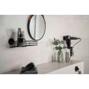 Schwarzer Wenko Haartrocknerhalter Milazzo Vacuum-Loc im modernen Badezimmer.