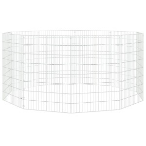 Silberner vidaXL Kaninchenkäfig aus 10 Paneelen verzinktem Eisen, flexibel aufbaubar.
