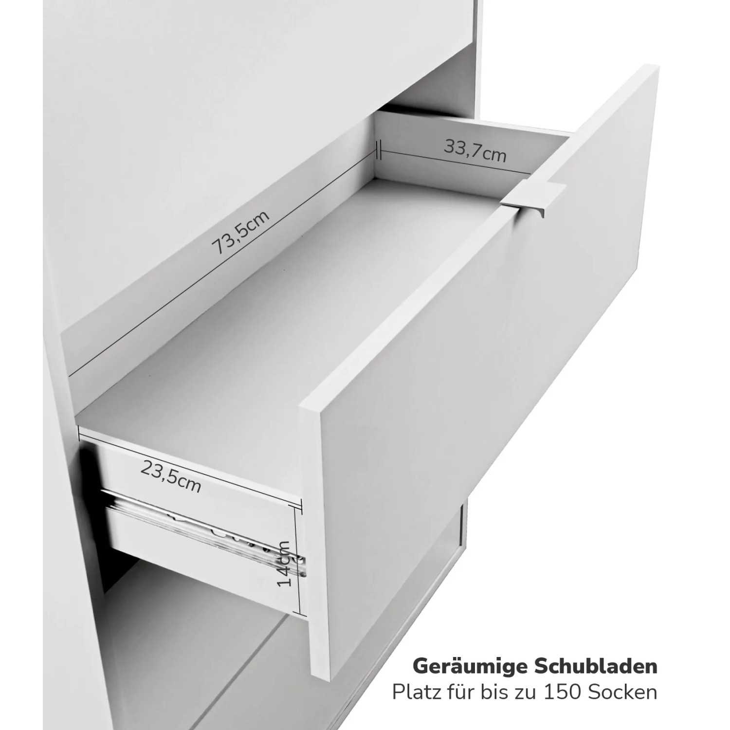 Offene Schublade der weißen mokebo Kommode, Detailaufnahme der Schubladenmaße.