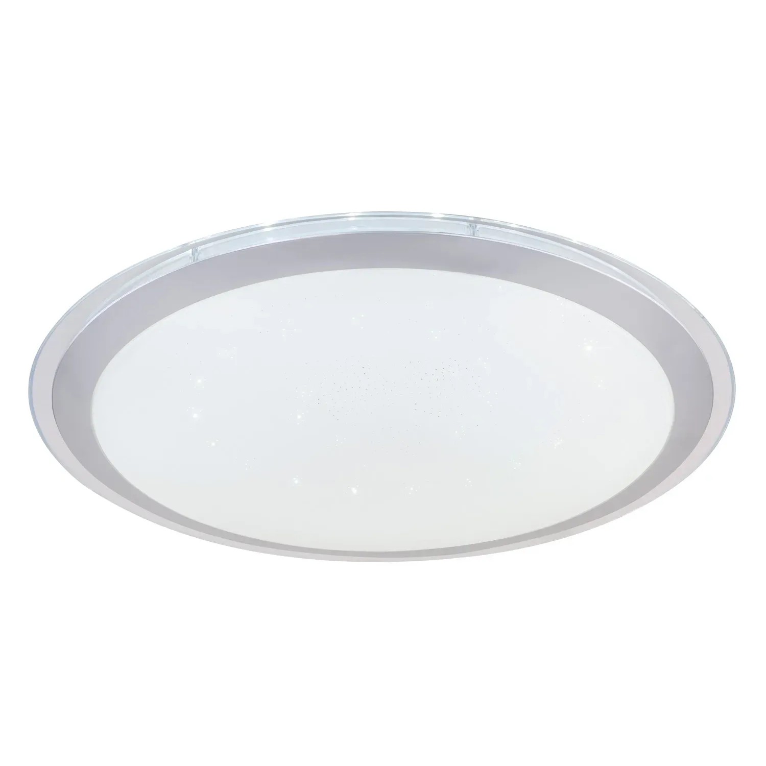 Weiße Globo LED-Deckenleuchte Carry, Ø 53 cm, mit silberfarbenem Rahmen und Sparkle-Dekor.