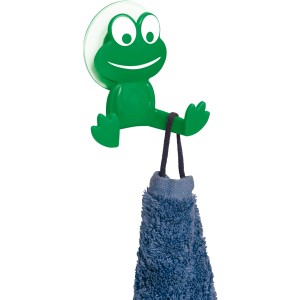 Wenko Saughaken Frosch Grün mit blauem Handtuch, ideal für Bad und Kinderzimmer.