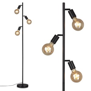 Schwarze Brilo Stehleuchte Kuglo mit drei E27 Fassungen und schwenkbaren Spots.