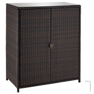 Brauner Tectake Gartenschrank Monza aus Rattan mit Glasplatte und zwei Türen.
