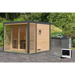 Karibu Saunahaus Seros 3, naturbelassen/anthrazit, mit Ofen und Steuerung im Garten.