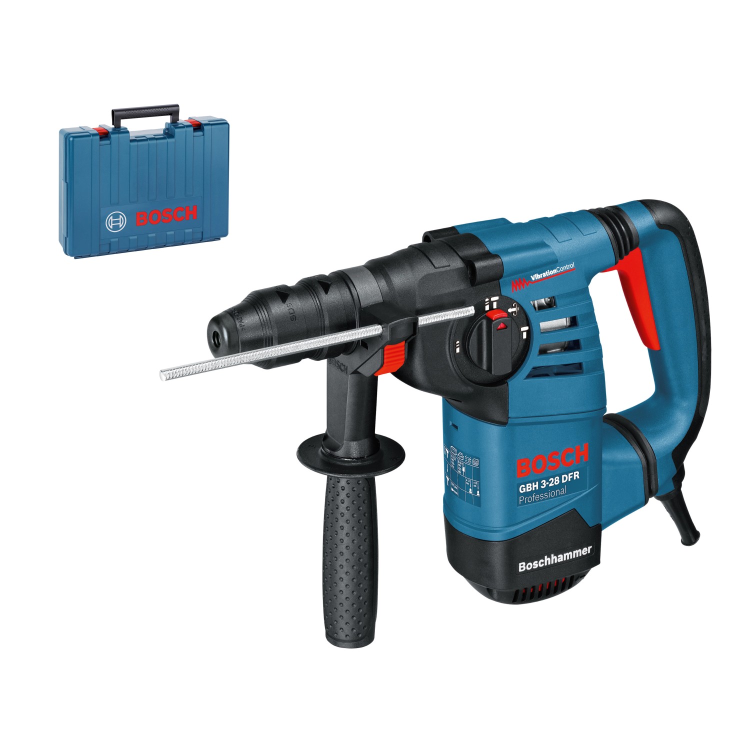 Blauer Bosch Professional Bohrhammer GBH 3-28 DFR mit Zubehör und Koffer.