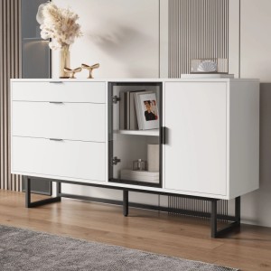 Modernes weißes Sideboard mit 3 Schubladen, Glastür, LED-Beleuchtung und geschlossener Tür auf schwarzem Metallgestell. Viel Stauraum.