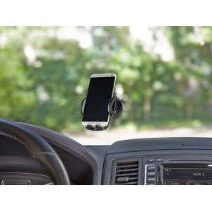 OBI Kfz Smartphone Halterung mit Saugnapf am Armaturenbrett befestigt.