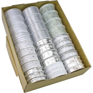 Geschenkband Silber-Weiß sortiert, verschiedene Designs für Weihnachtsdekorationen.