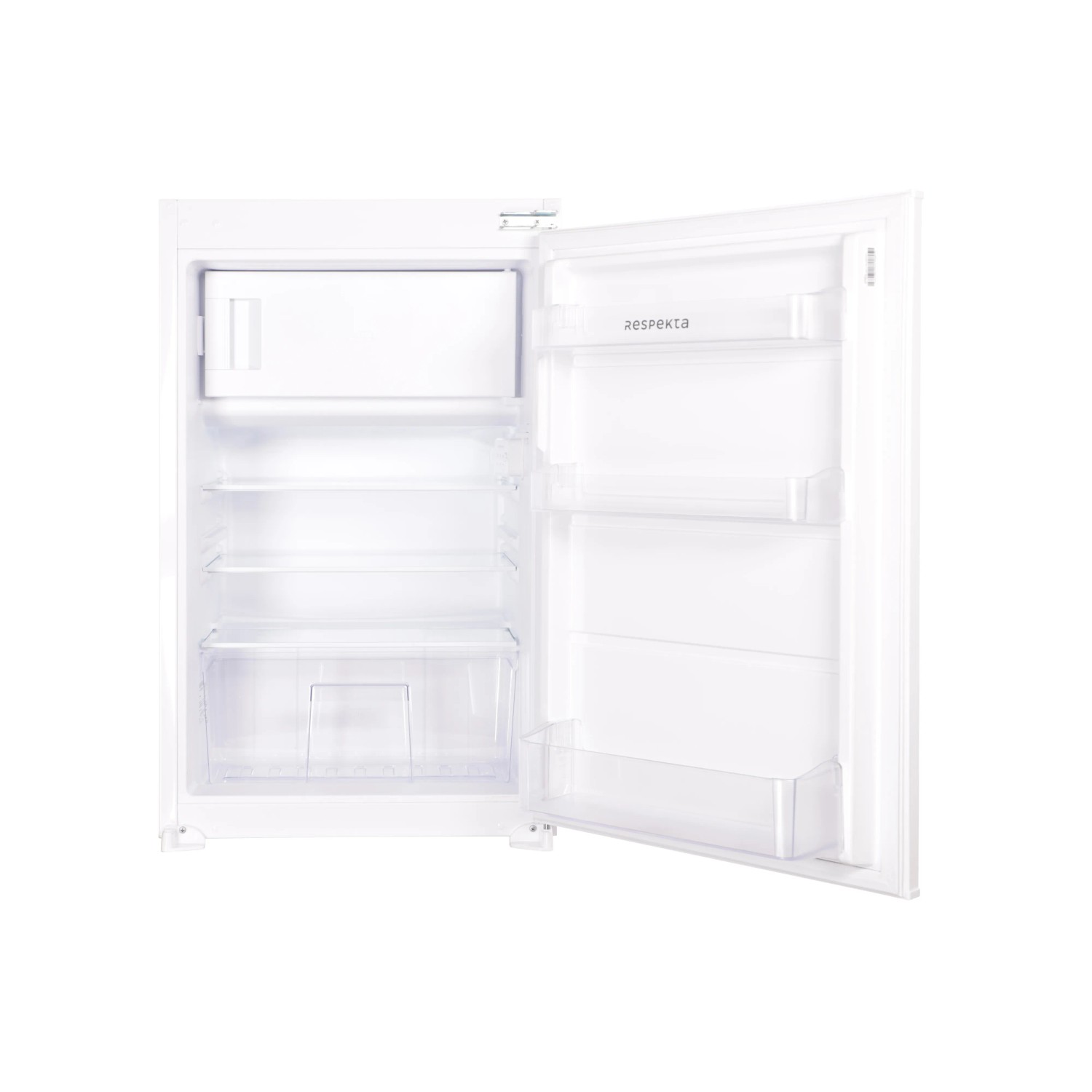 Offener Respekta Einbaukühlschrank, weiß, mit Regalen, Teil des Küchenblocks Merle.