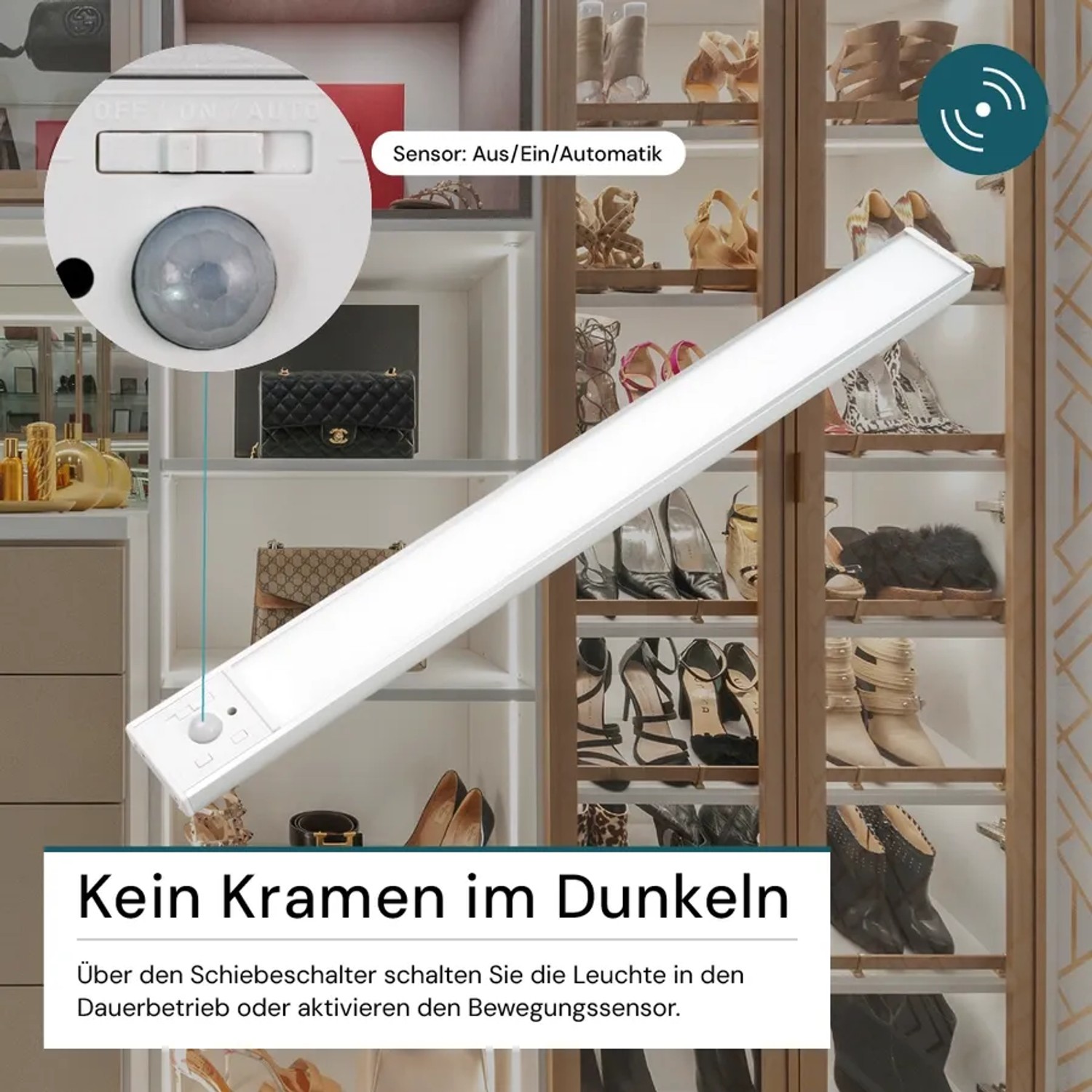 LUXULA LED Unterbauleuchte 60cm, silber, mit Bewegungsmelder und CCT-Funktion für Schränke und Küchen.