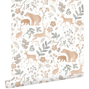 ESTAhome Vliestapete mit Waldtieren: Bären, Rehe, Hasen und Pflanzen in Graugrün, Beige auf Weiß. Dekorative Tapete.