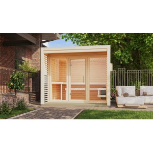 Karibu Saunahaus Rolous 3 aus naturbelassener Fichte, 276x276 cm, mit Glastür und seitlichem Sichtschutz.