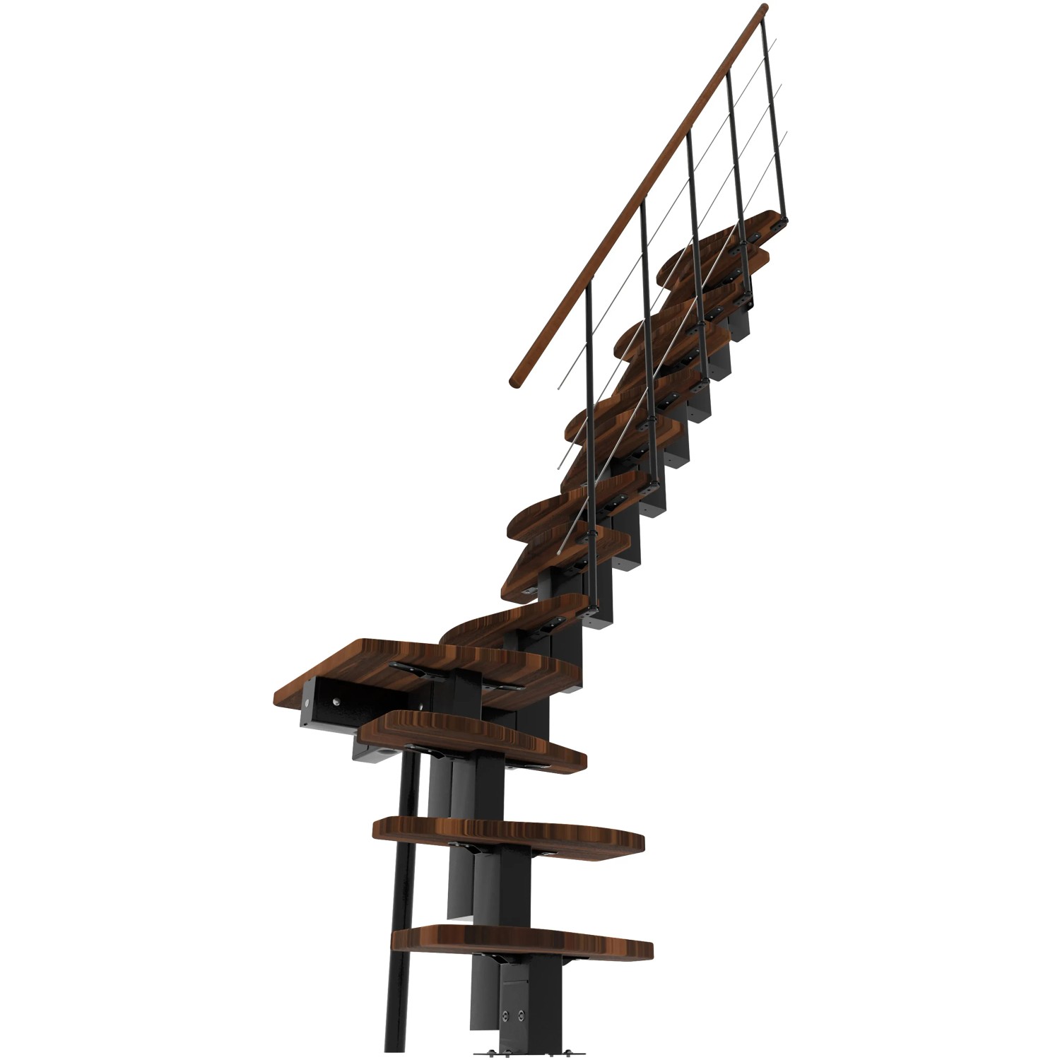 Minka Raumspartreppe Quatro Turn, Walnuss/Schwarz, für Geschosshöhen bis 298 cm.