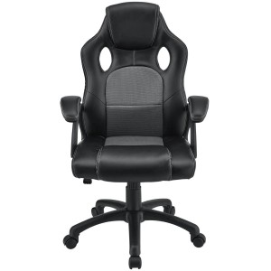 Grauer Juskys Racing Schreibtischstuhl Montreal mit gepolsterten Armlehnen und ergonomischer Form.