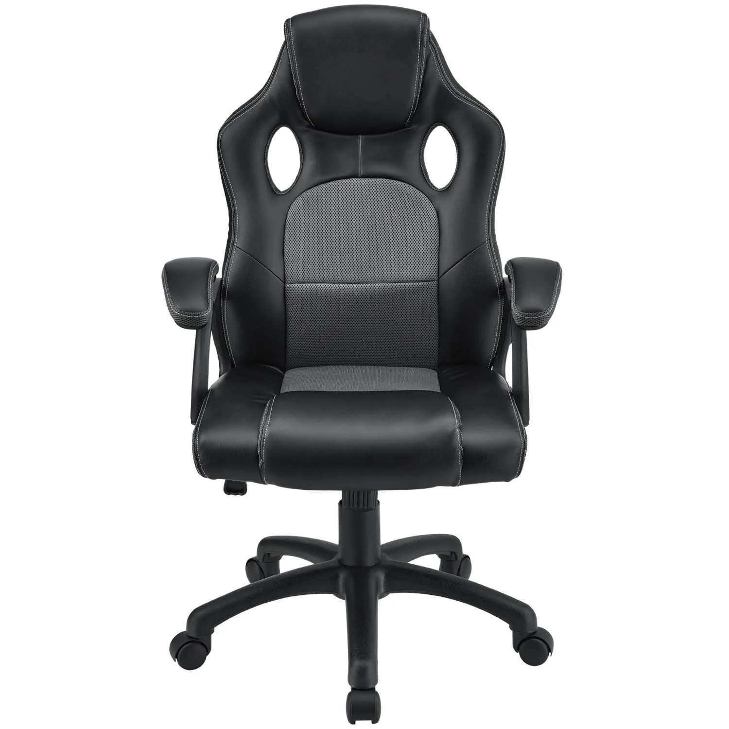Grauer Juskys Racing Schreibtischstuhl Montreal mit gepolsterten Armlehnen und ergonomischer Form.
