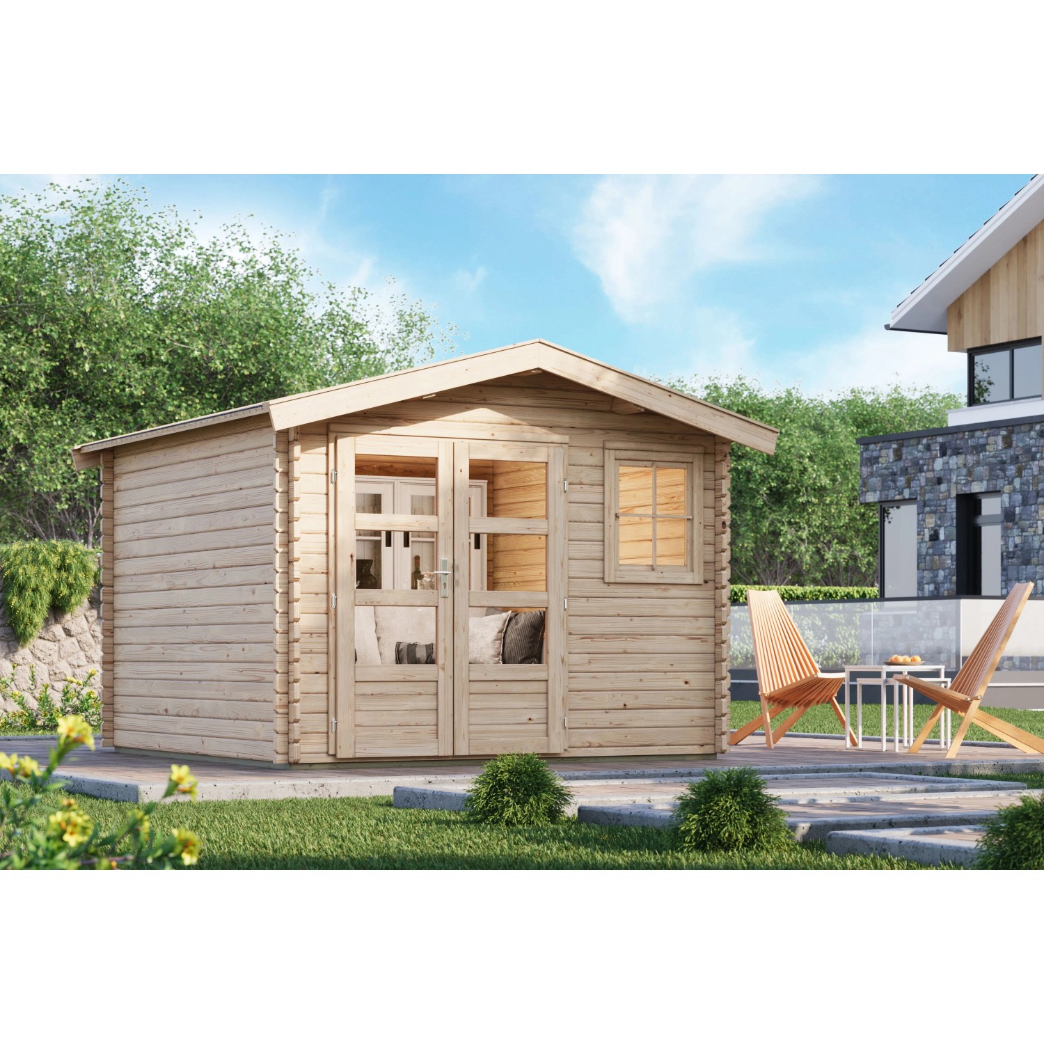 Karibu Holz-Gartenhaus Arosa Natur Satteldach Unbehandelt 282 cm x 282 cm