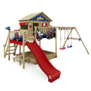 Wickey Spielturm Disney Quest mit roter Rutsche und Schaukel für Spaß im Garten.