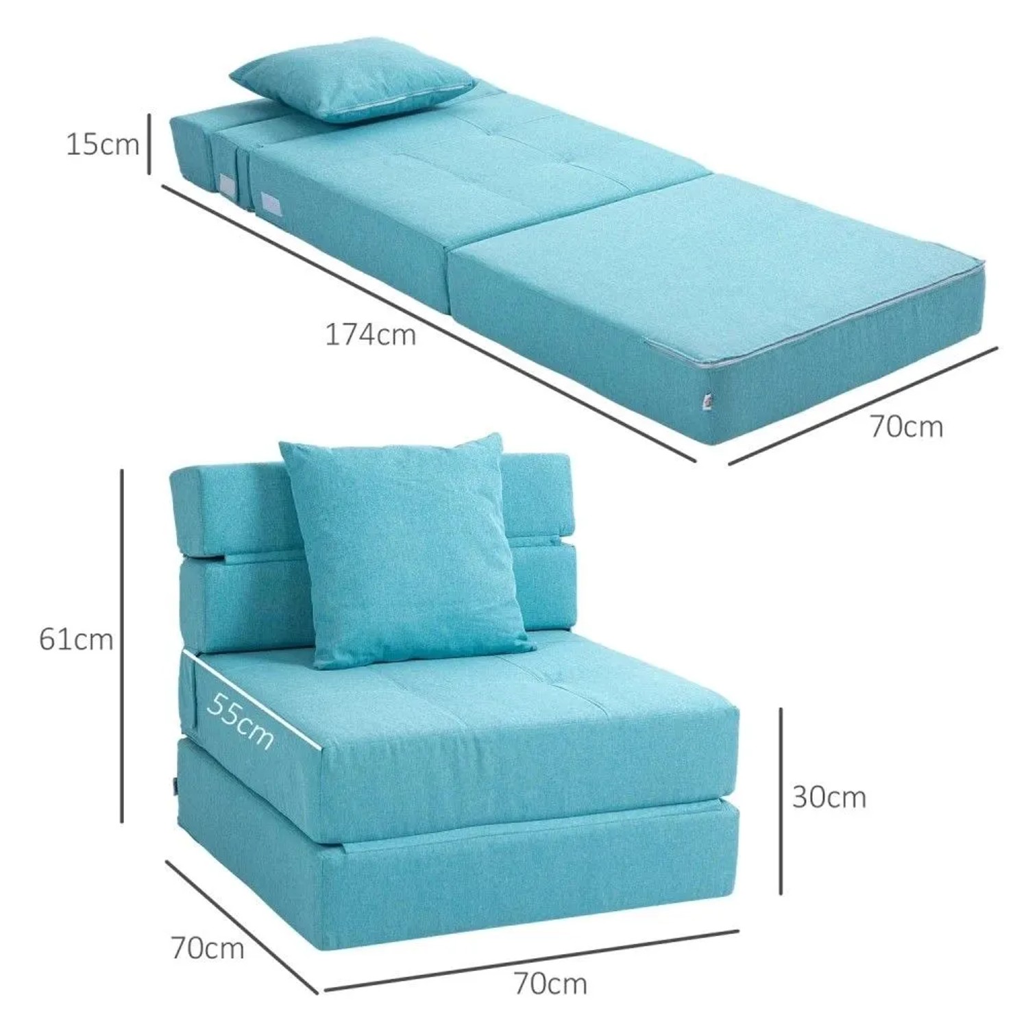 HOMCOM 2-in-1 Schlafsessel klappbar, türkis, als Sofa und ausgeklapptes Bett mit Maßen.