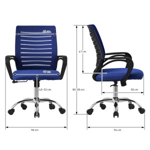 ML-Design Bürostuhl, ergonomisch, blau, mit Maßangaben zu Höhe, Breite und Tiefe.