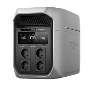 Graue EcoFlow Powerstation Delta 3 Max Plus mit Display und mehreren Steckdosen für mobile Stromversorgung.