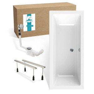Calmwaters Rechteck-Badewanne 170x75 cm Set mit Füßen und Ablaufgarnitur.