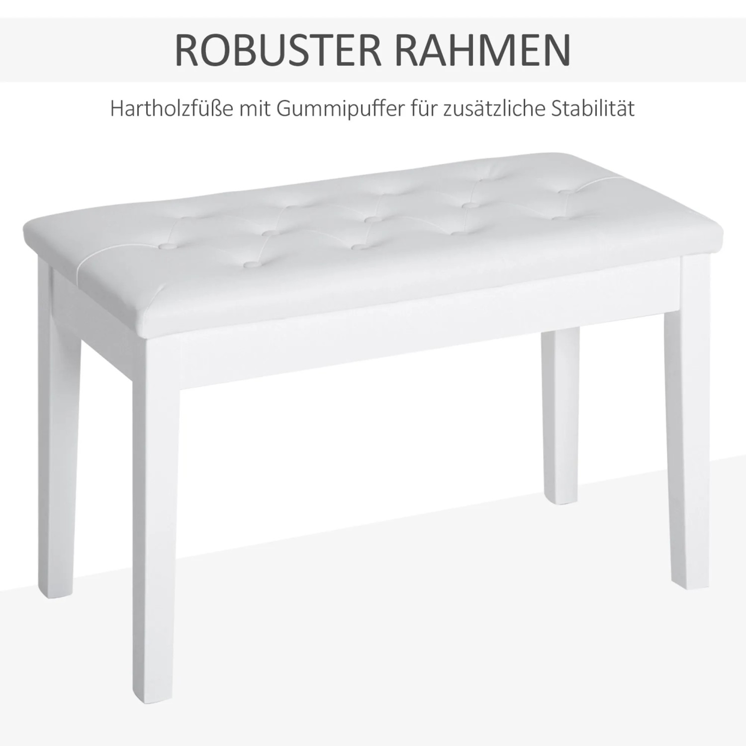 Weißer HOMCOM Klavierhocker mit gepolstertem Kunstledersitz und robusten Gummiholzbeinen. Eleganter Hocker.