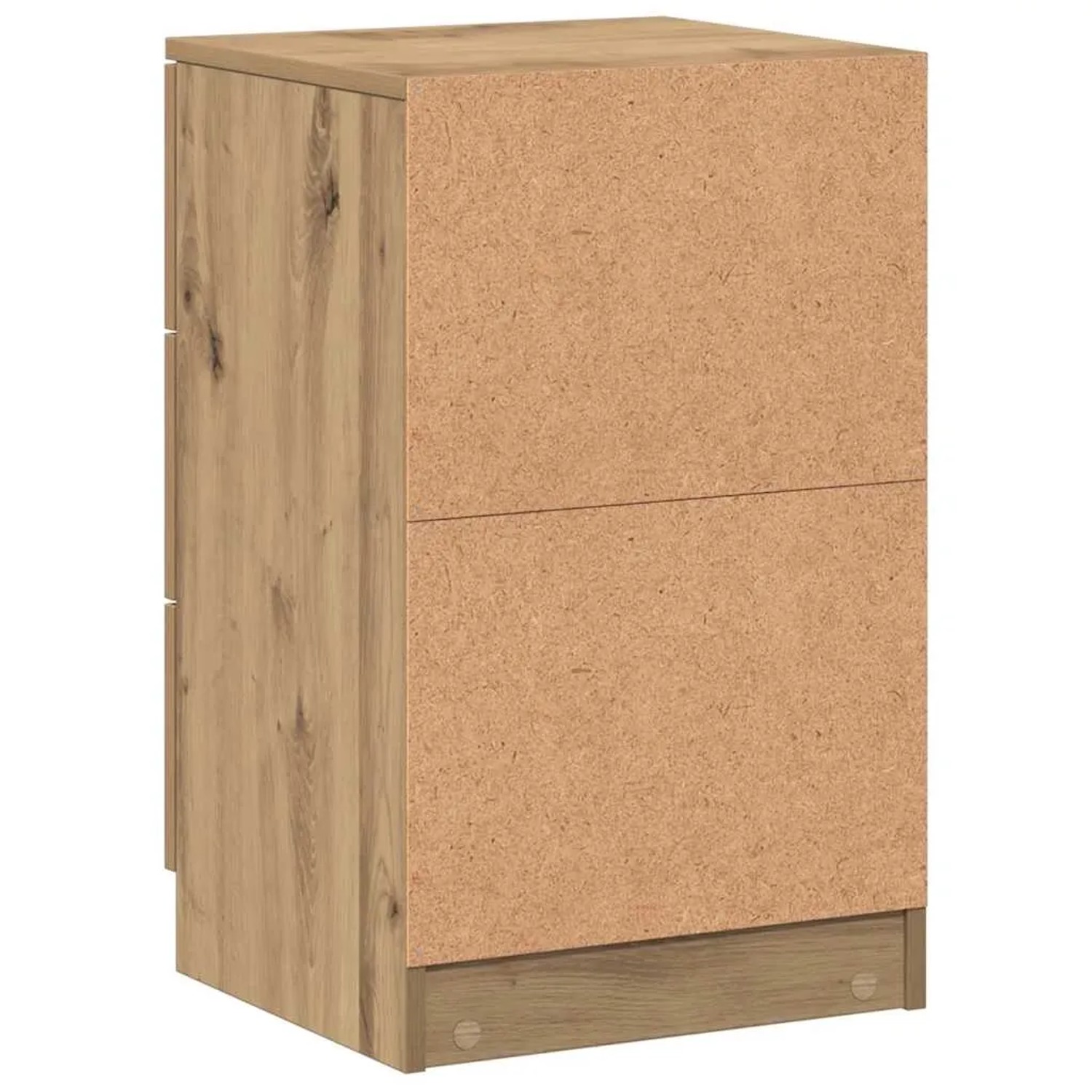 Rückseite des vidaXL Nachttisches Artisan-Eiche aus Holzwerkstoff. Rohe Platte sichtbar.
