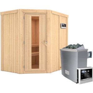 Karibu Sauna-Set Cleo mit Ofen und Steuerung: Elementsauna aus Fichte mit Glastür und Liegen.