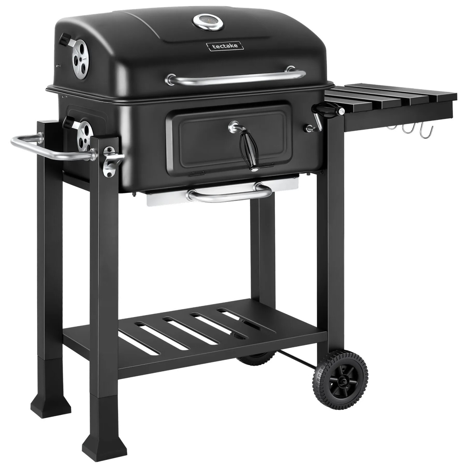 Tectake Holzkohlegrill Florian Mit 2 Rädern Regulierbare Luftzufuhr und Thermometer  110 x 64 x 104 cm Schwarz