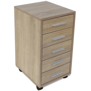 vidaXL Büroschrank auf Rollen, Eiche, mit 5 Schubladen und silbernen Griffen.