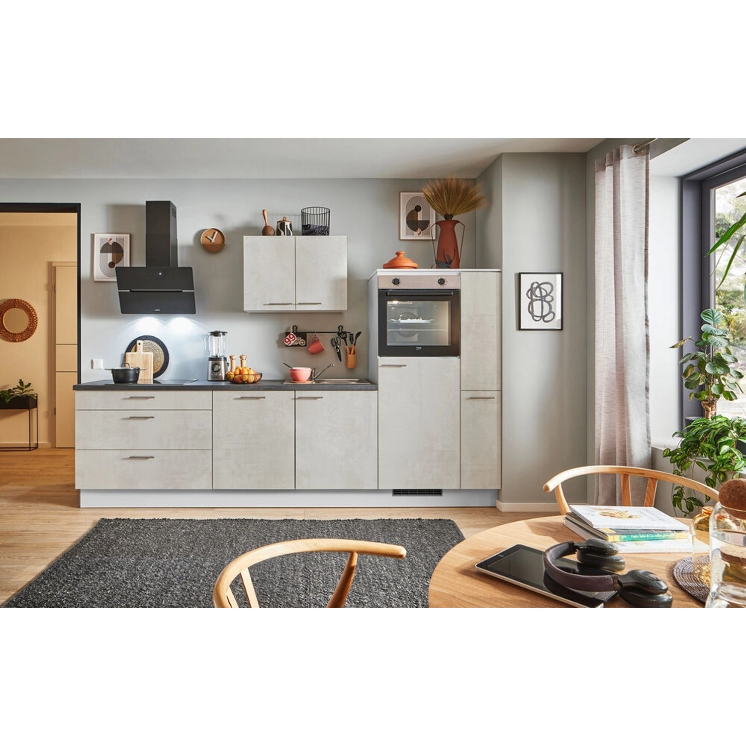 pino Küchenzeile 280cm Beton Weißgrau Anschlag R 1 Geräte-, 1 Apothekerschr günstig online kaufen