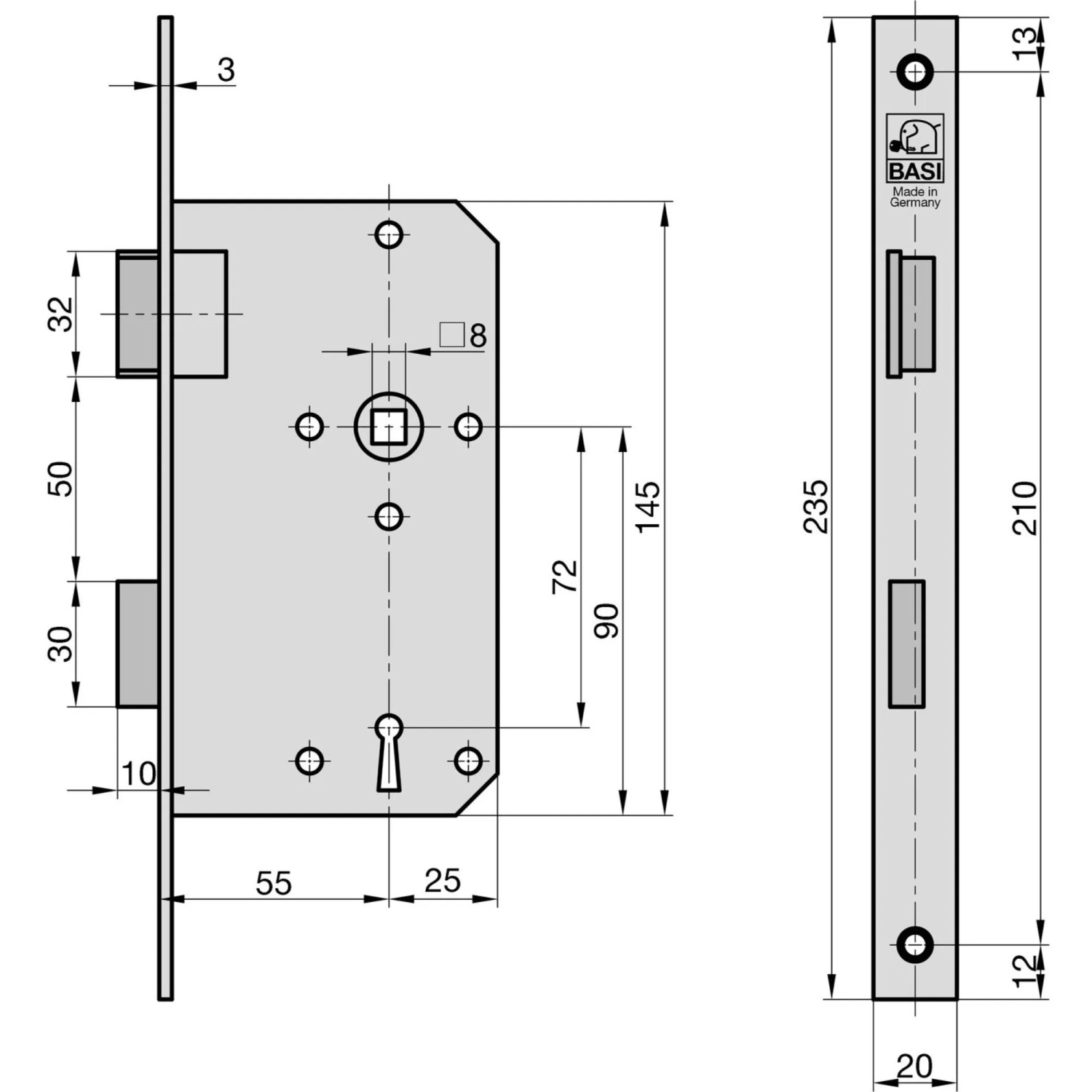 Technische Zeichnung: Basi Einsteck-Zimmertürschloss ES 921, Buntbart, DIN Links, Maße und Details.