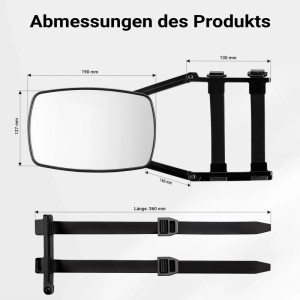Abmessungen des Wiltec Wohnwagenspiegels: 190x127mm Spiegelfläche, verstellbarer Arm, Gummiriemen. Universal Zubehör für Caravan.