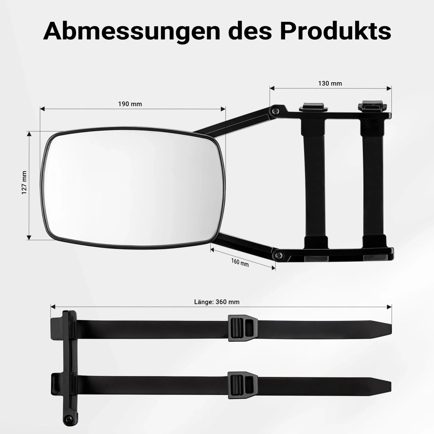 Abmessungen des Wiltec Wohnwagenspiegels: 190x127mm Spiegelfläche, verstellbarer Arm, Gummiriemen. Universal Zubehör für Caravan.