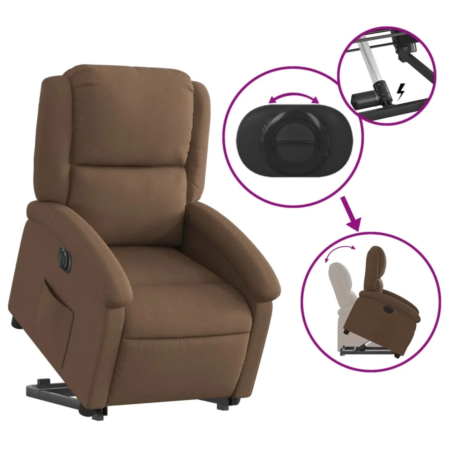 Brauner Relaxsessel mit Aufstehhilfe, elektrisch verstellbar, Stoffbezug, Modell 2.