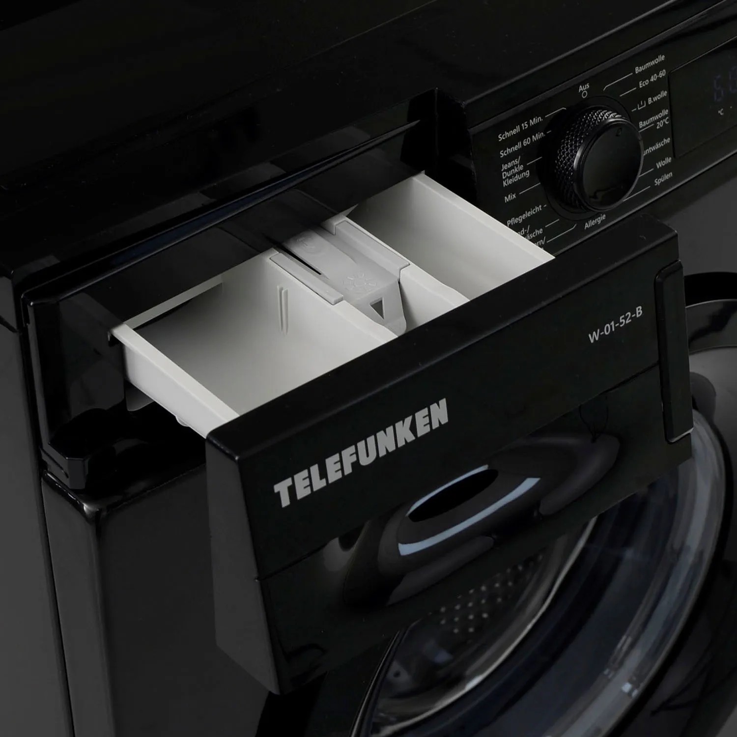 Telefunken Waschmaschine Frontlader, schwarzes Design, Waschmittelfach geöffnet.