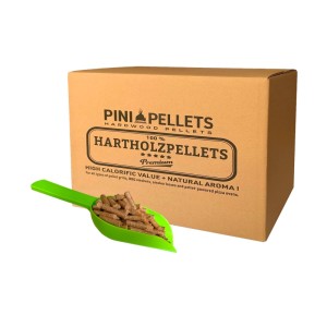 PINI 15 kg Eichen-Grillpellets in Karton, mit grüner Schaufel voller Pellets. Ideal für Grill, Smoker & Pizzaofen.