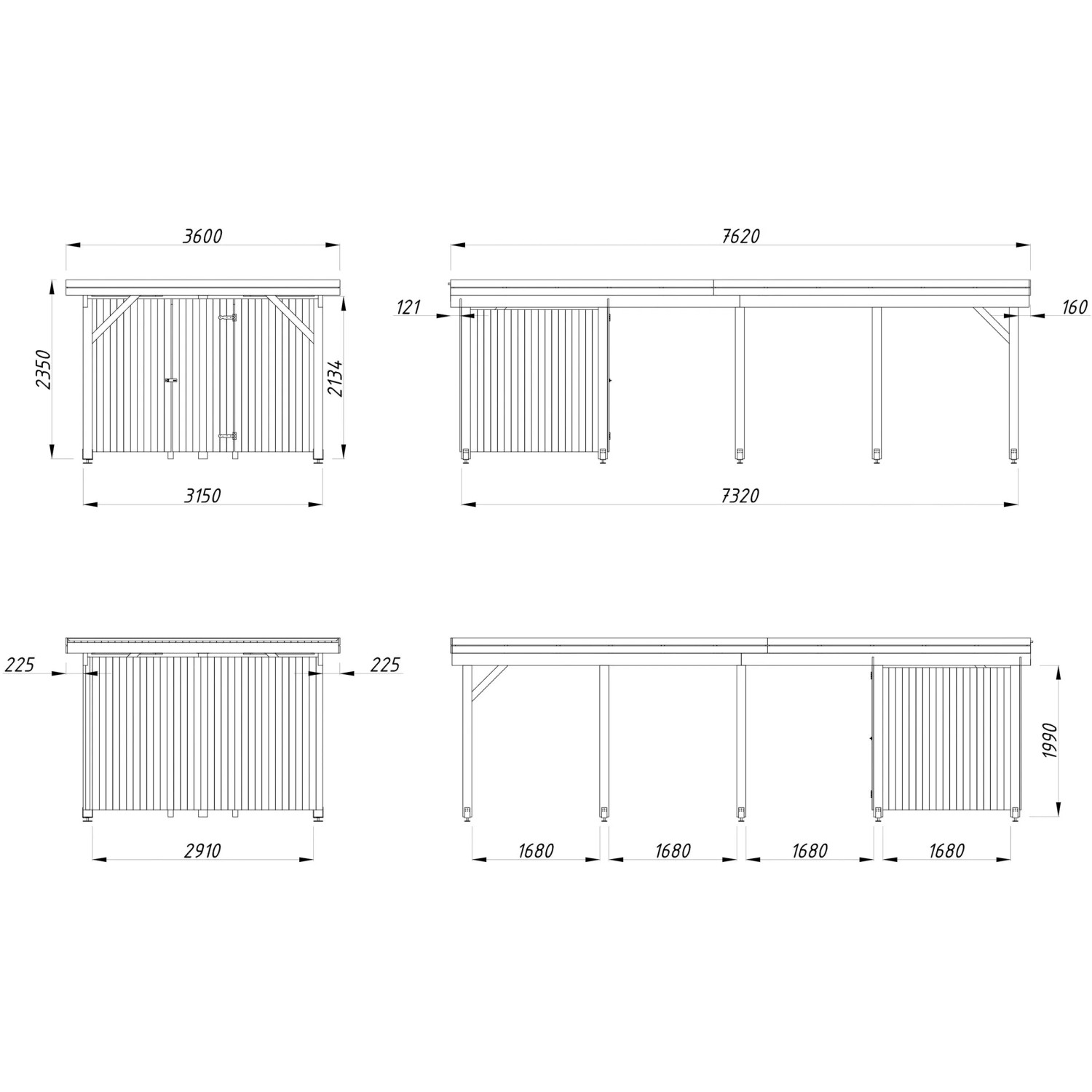 Technische Zeichnung: Palmako Carport Karl mit Geräteraum, Maße und Ansichten.