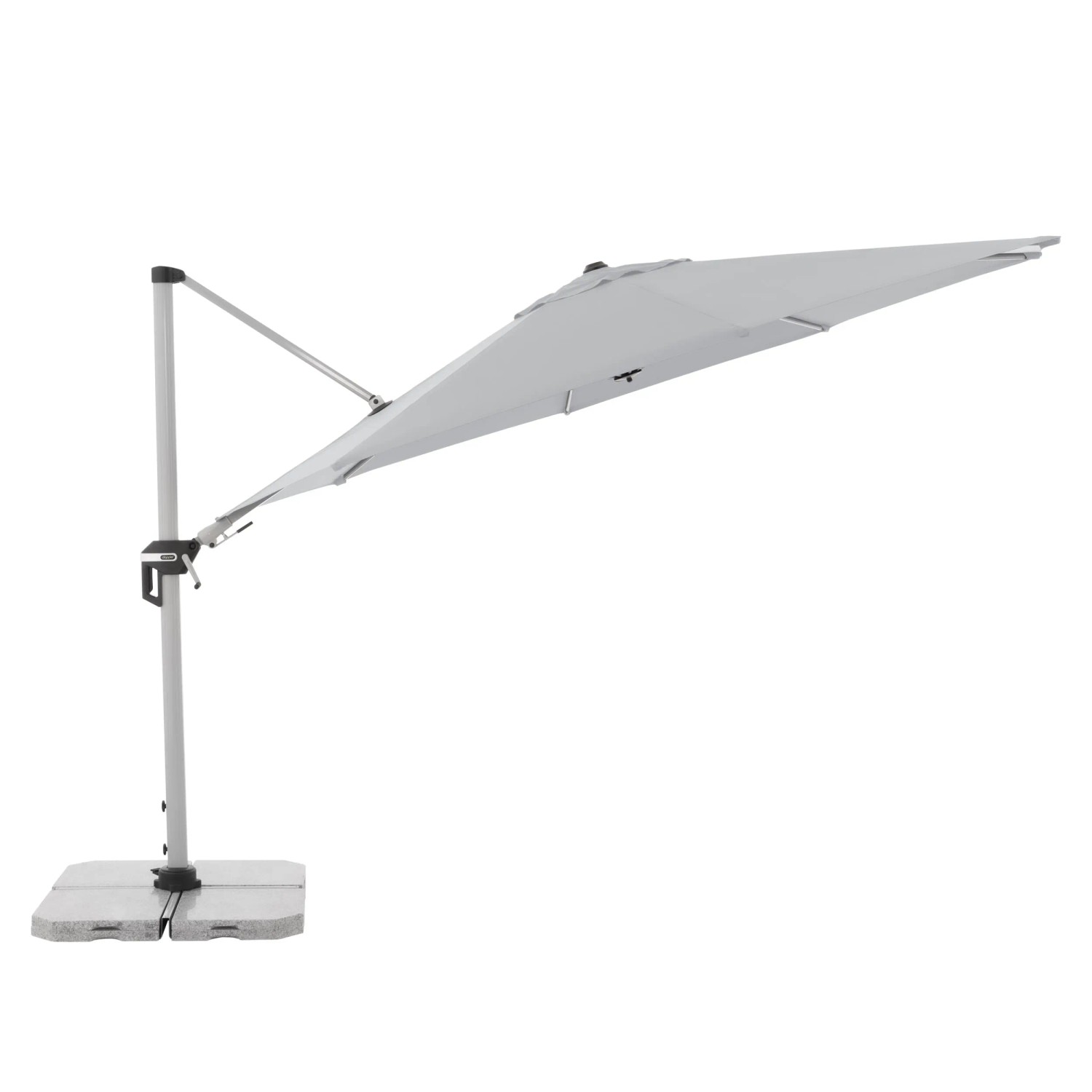 Hellgrauer Doppler Ampelschirm Active Ø 372 cm mit Dreh- und Neigungsfunktion.