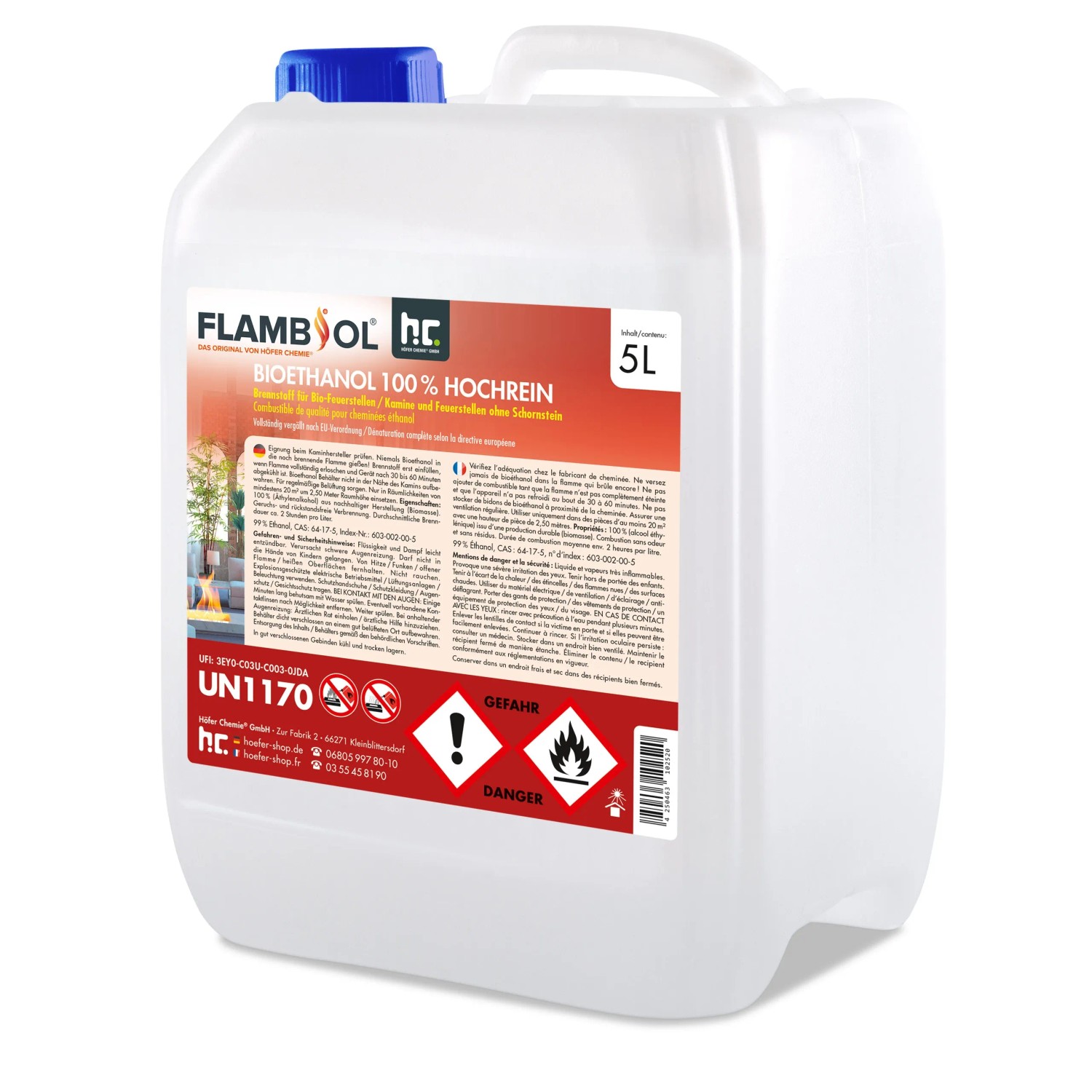 Kanister Flambiol Bioethanol 100% hochrein, 5 Liter für Kamine & Feuerstellen.