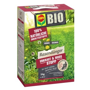 Compo Bio-Rasendünger Unkraut & Moos Stopp, 3 kg Packung. Für einen grünen, gesunden Rasen.