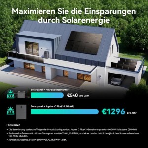 Marstek Balkonkraftwerk mit Speicher Jupiter C Plus am Hausdach mit Solarmodulen.