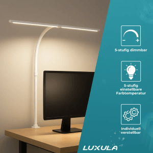 Weiße LUXULA Klemmleuchte mit LED-Licht am Schreibtisch, dimmbar und mit Farbtemperaturregelung.