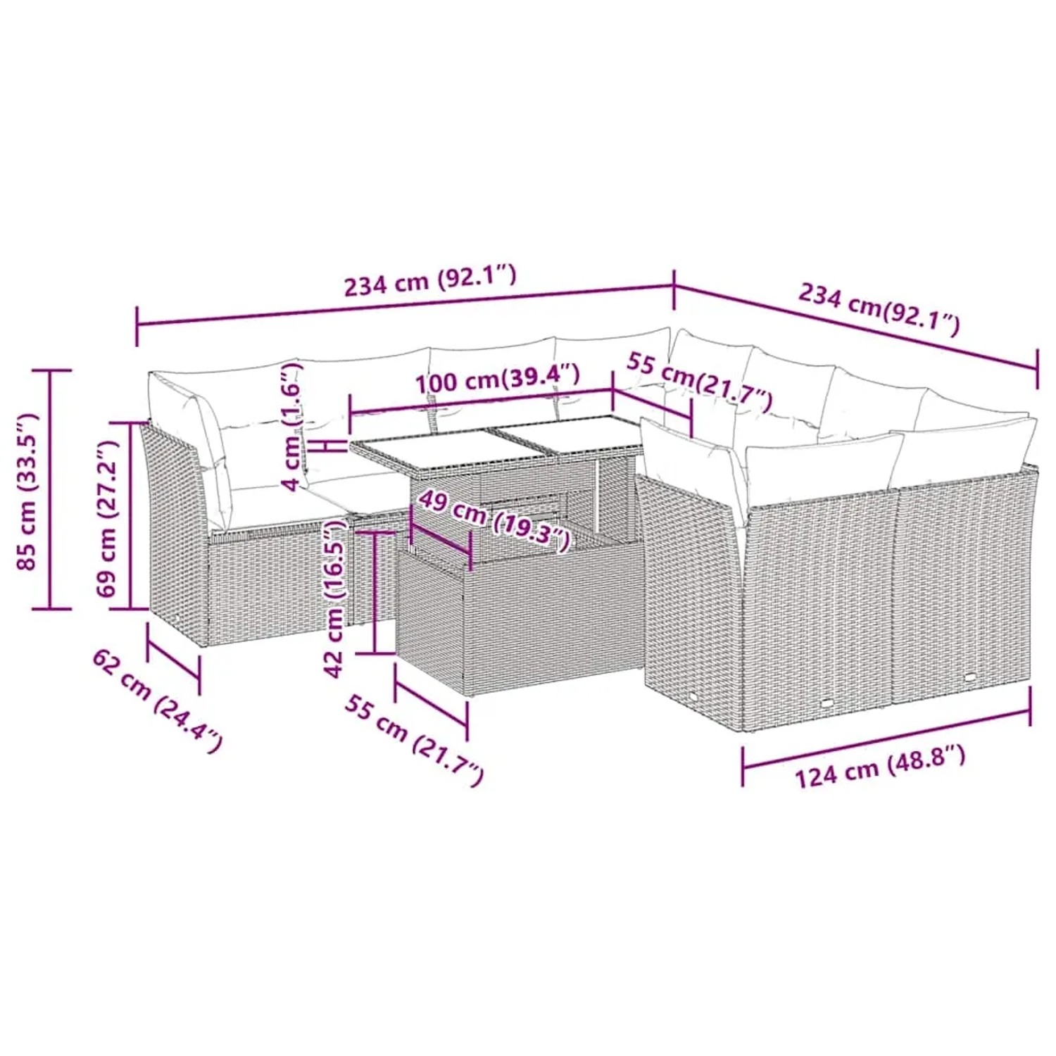 vidaXL 9-tlg. Garten-Sofagarnitur, hellgraues Poly Rattan mit Kissen und Maßangaben.