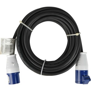 Schwarzes CEE Verlängerungskabel, 10 m, mit blau-weißem Stecker und Buchse für Autoanhänger.